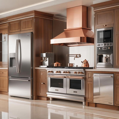 Best-selling appliances: Ninja air fryer, Samsung Bespoke fridge, portable washing machine, and Keurig coffee maker in stylish setup.
