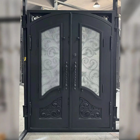 Elegant Wrought Iron Double Entry Door with Decorative Rain Glass Veteranshops.com