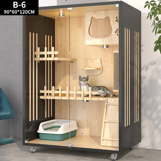 Cat playpen with wooden shelves and a cat inside, featuring dimensions B-6 90*60*120CM.