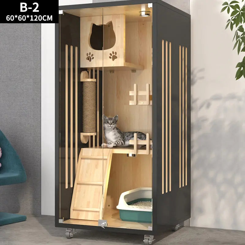 Pet playpen with wooden structures and a cat inside, on a neutral background.