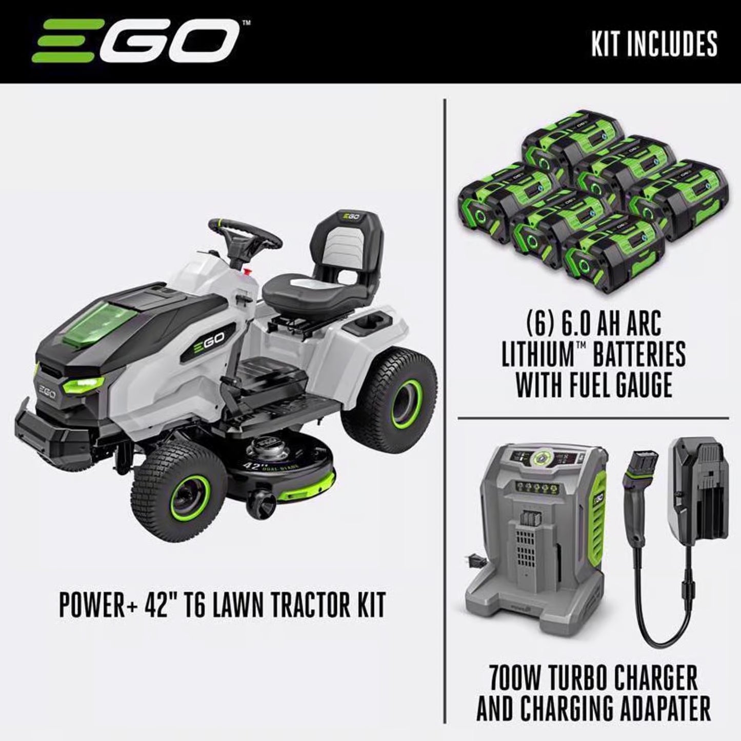 EGO POWER+ 42-in T6 Lawn Tractor with 6 x 6.0Ah Batteries, 800W Turbo Charger, and Charging Adapter