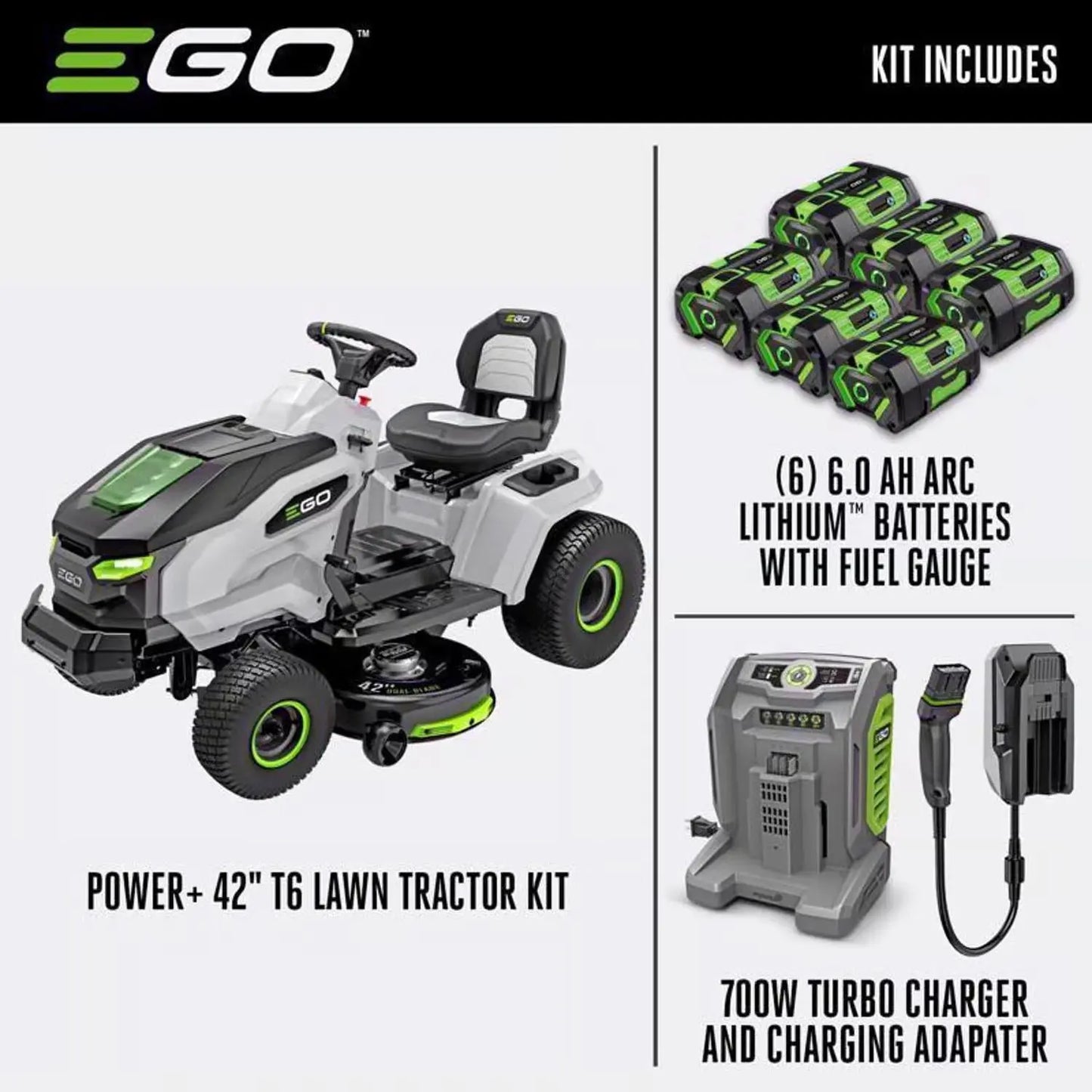 EGO POWER+ 42-inch T6 Lawn Tractor with 6 x 6.0Ah Batteries, 800W Turbo Charger, and Charging Adapter Veteranshops.com