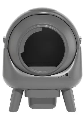 Gray pet litter box with a black interior on a white background