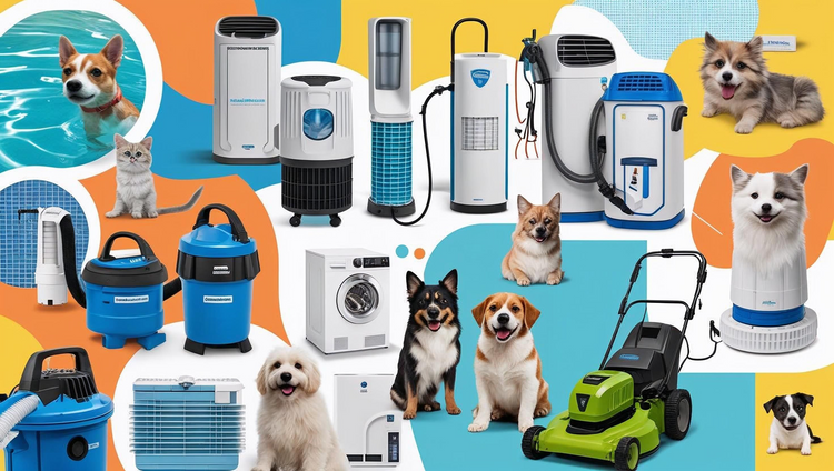 Hot-selling items—air fryers, pet accessories, industrial tools, gym equipment, riding lawn mowers, and inflatable pools—arranged in a retail showroom.