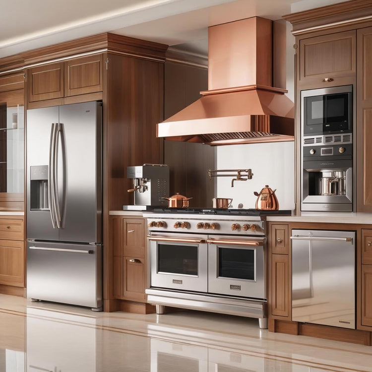 Best-selling appliances: Ninja air fryer, Samsung Bespoke fridge, portable washing machine, and Keurig coffee maker in stylish setup.