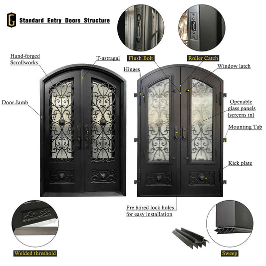 Elegant Wrought Iron Double Entry Door with Decorative Rain Glass Veteranshops.com