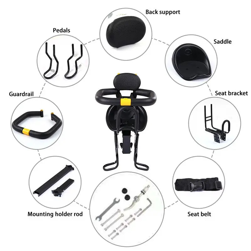 Heavy Duty Front Bicycle Child Seat - Supports 35kg - Adjustable Kids Bike Seat with 3-Point Safety Belt & Non-Slip Pedals eprolo