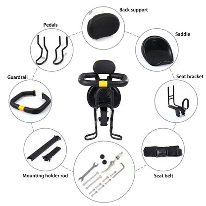 Heavy Duty Front Bicycle Child Seat - Supports 35kg - Adjustable Kids Bike Seat with 3-Point Safety Belt & Non-Slip Pedals eprolo