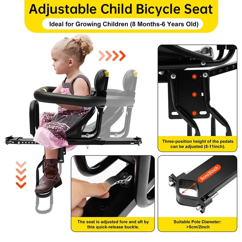 Heavy Duty Front Bicycle Child Seat - Supports 35kg - Adjustable Kids Bike Seat with 3-Point Safety Belt & Non-Slip Pedals eprolo