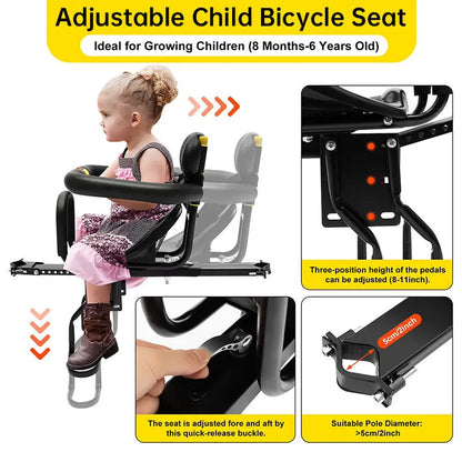 Heavy Duty Front Bicycle Child Seat - Supports 35kg - Adjustable Kids Bike Seat with 3-Point Safety Belt & Non-Slip Pedals eprolo