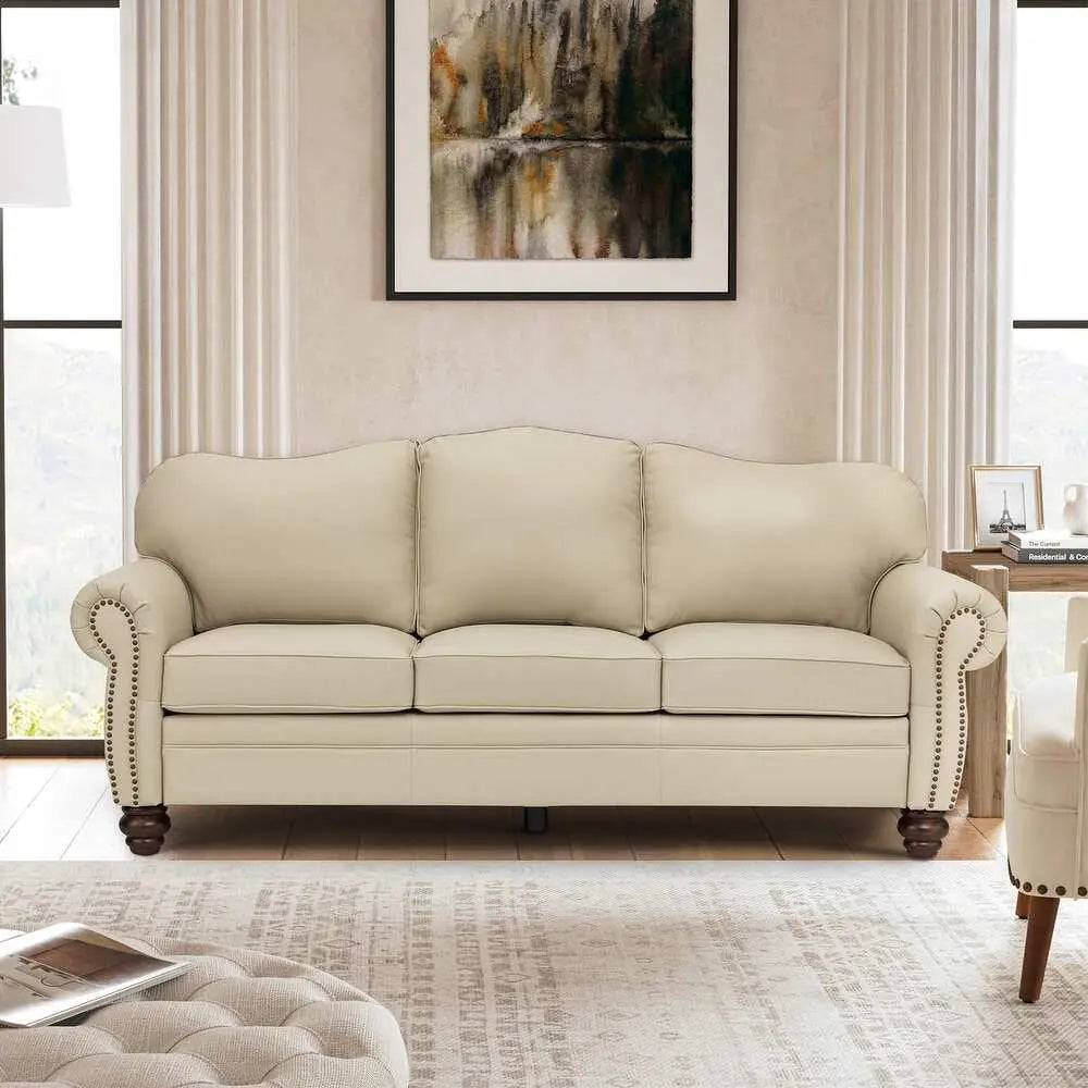 Balvino 81" Wide Transitional Genuine Leather Rolled Arm Nailhead Trim Sofa with Solid Wood Legs Veteranshops.com