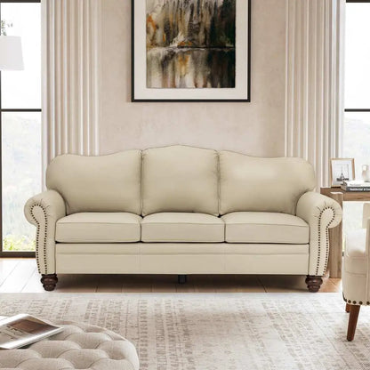 Balvino 81" Wide Transitional Genuine Leather Rolled Arm Nailhead Trim Sofa with Solid Wood Legs Veteranshops.com