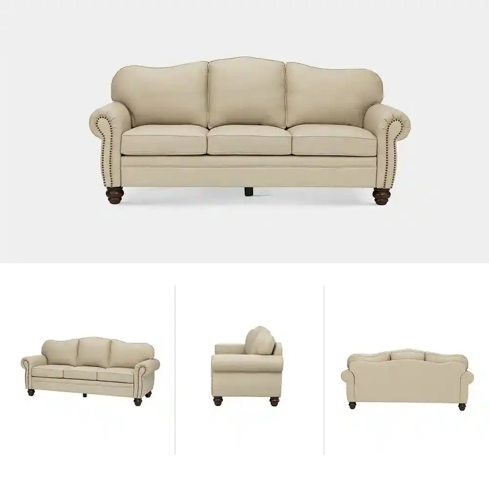 Balvino 81" Wide Transitional Genuine Leather Rolled Arm Nailhead Trim Sofa with Solid Wood Legs Veteranshops.com