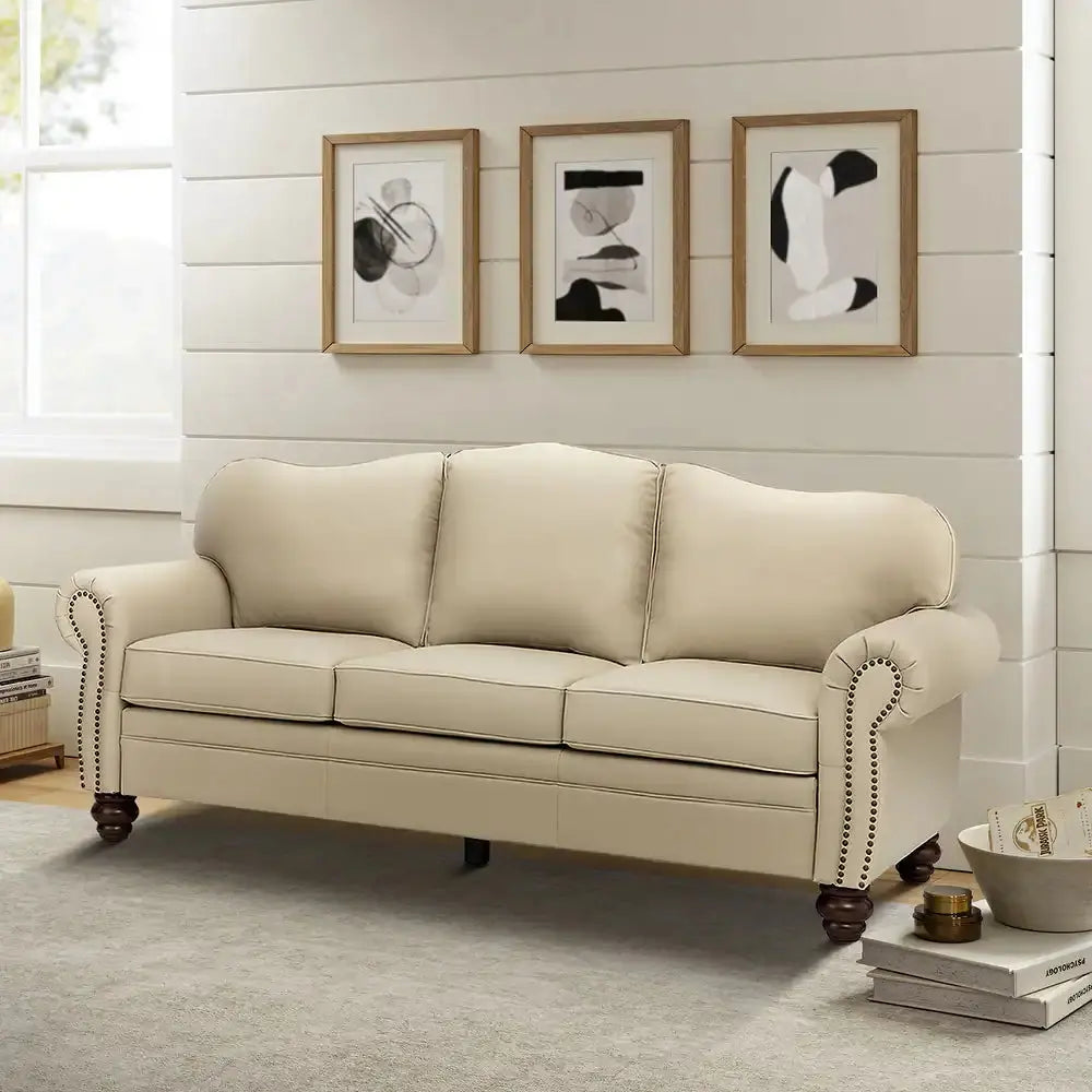 Balvino 81" Wide Transitional Genuine Leather Rolled Arm Nailhead Trim Sofa with Solid Wood Legs Veteranshops.com