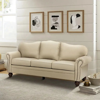 Balvino 81" Wide Transitional Genuine Leather Rolled Arm Nailhead Trim Sofa with Solid Wood Legs Veteranshops.com