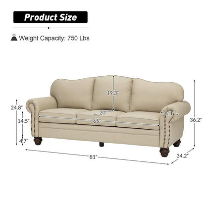 Balvino 81" Wide Transitional Genuine Leather Rolled Arm Nailhead Trim Sofa with Solid Wood Legs Veteranshops.com