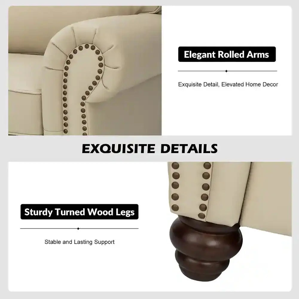 Balvino 81" Wide Transitional Genuine Leather Rolled Arm Nailhead Trim Sofa with Solid Wood Legs Veteranshops.com