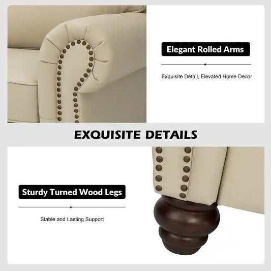 Balvino 81" Wide Transitional Genuine Leather Rolled Arm Nailhead Trim Sofa with Solid Wood Legs Veteranshops.com