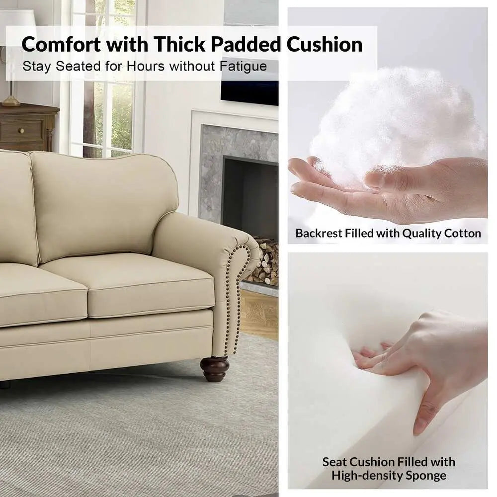 Balvino 81" Wide Transitional Genuine Leather Rolled Arm Nailhead Trim Sofa with Solid Wood Legs Veteranshops.com