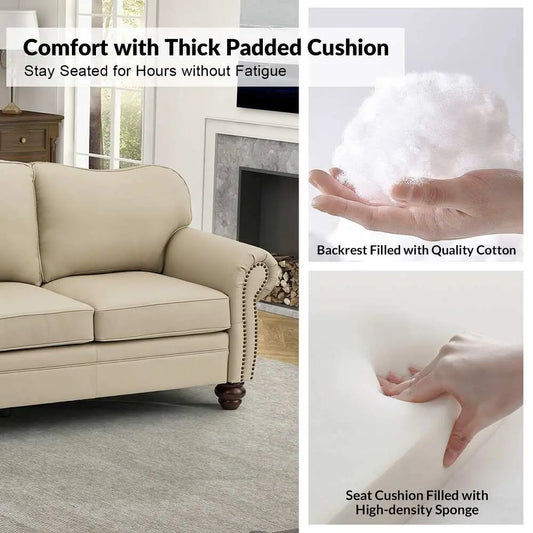 Balvino 81" Wide Transitional Genuine Leather Rolled Arm Nailhead Trim Sofa with Solid Wood Legs Veteranshops.com