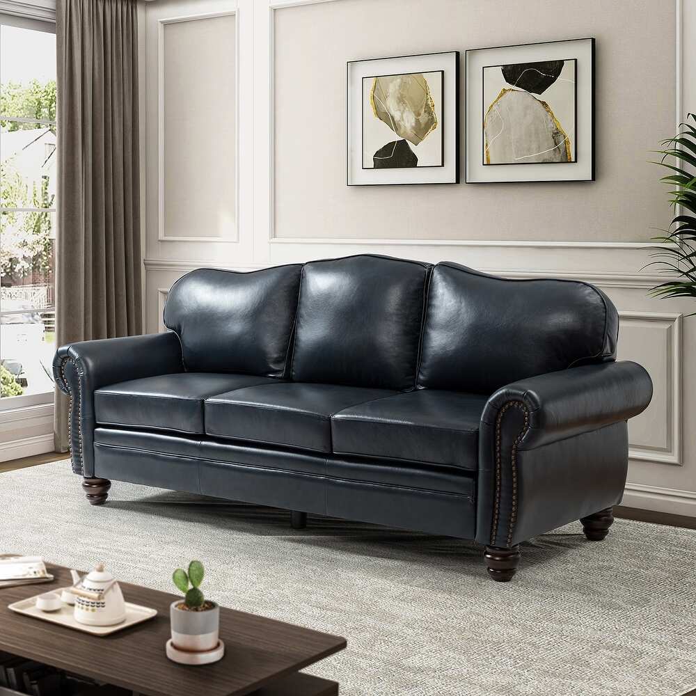 Balvino 81" Wide Transitional Genuine Leather Rolled Arm Nailhead Trim Sofa with Solid Wood Legs Veteranshops.com