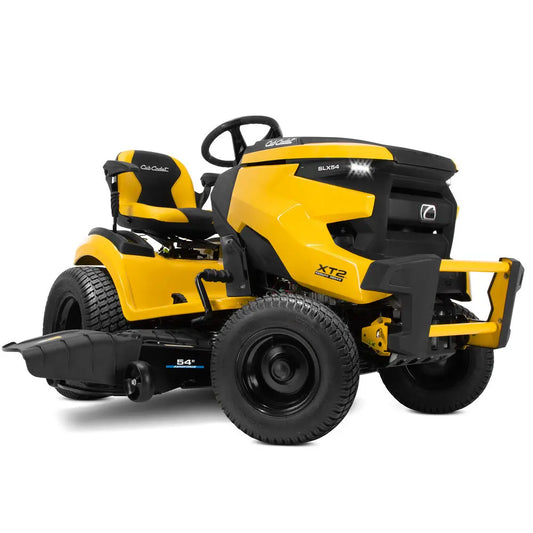 Yellow and black riding lawn mower on a white background
