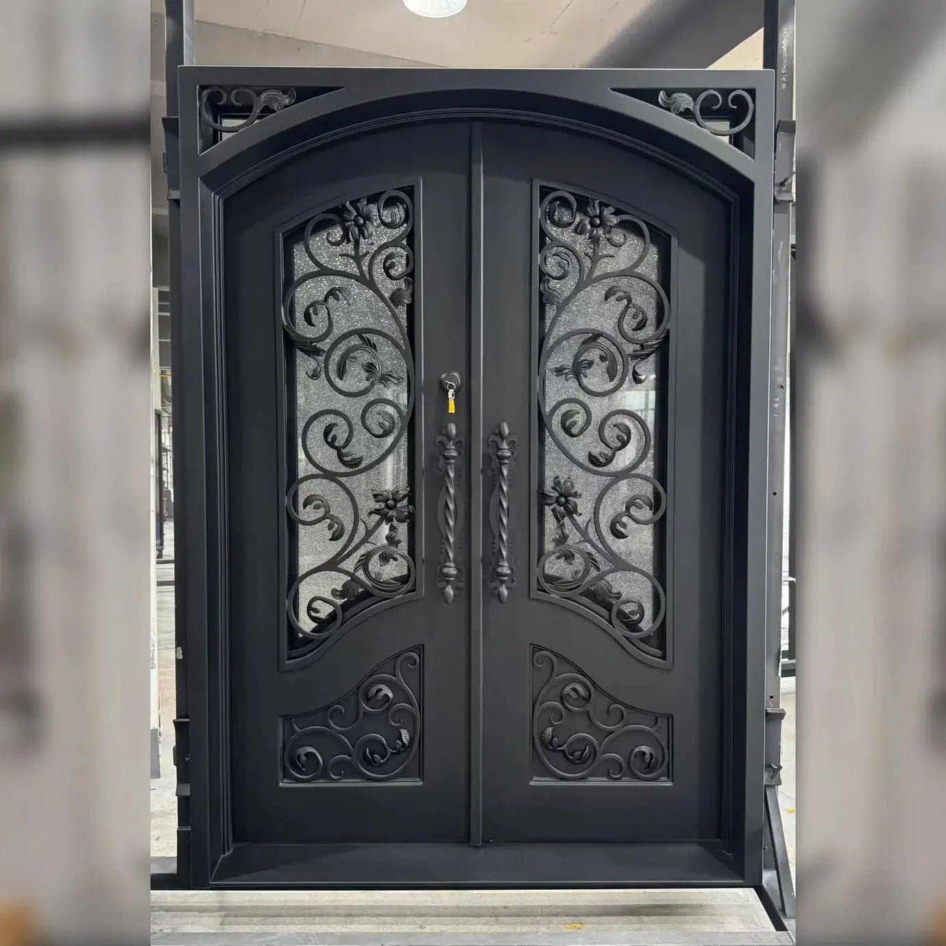 Elegant Wrought Iron Double Entry Door with Decorative Rain Glass Veteranshops.com