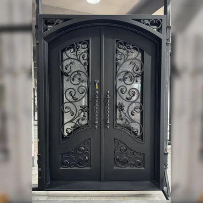 Elegant Wrought Iron Double Entry Door with Decorative Rain Glass Veteranshops.com