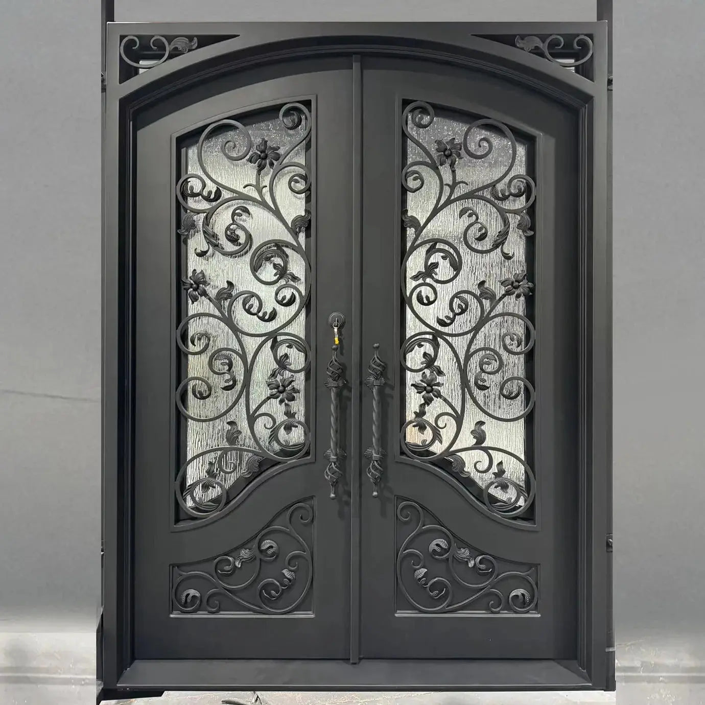 Elegant Wrought Iron Double Entry Door with Decorative Rain Glass Veteranshops.com