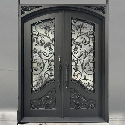 Elegant Wrought Iron Double Entry Door with Decorative Rain Glass Veteranshops.com