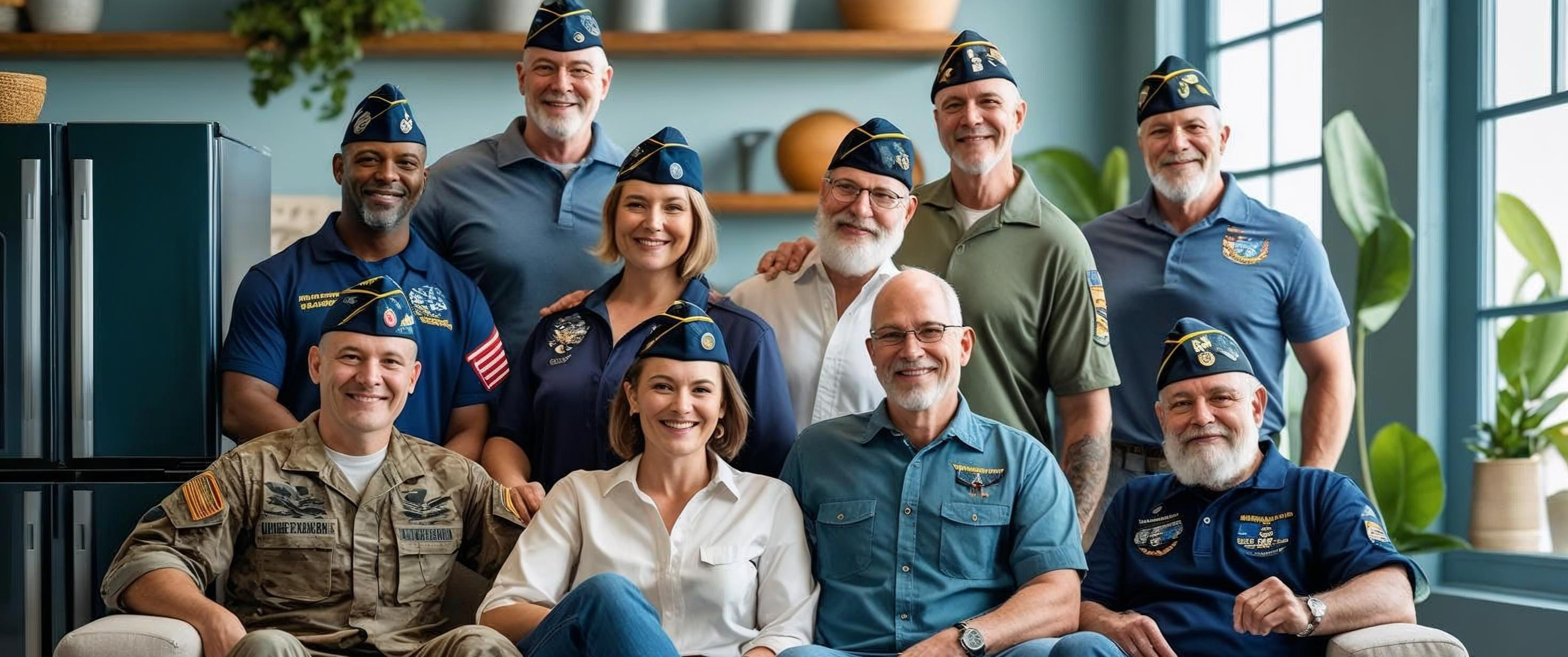 Group of people, including veterans, sitting together in a living room.