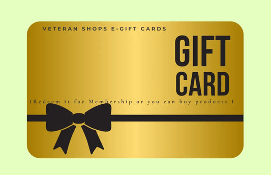 Gold gift card with black text and bow design on a light green background, featuring the Veteran Shops logo.