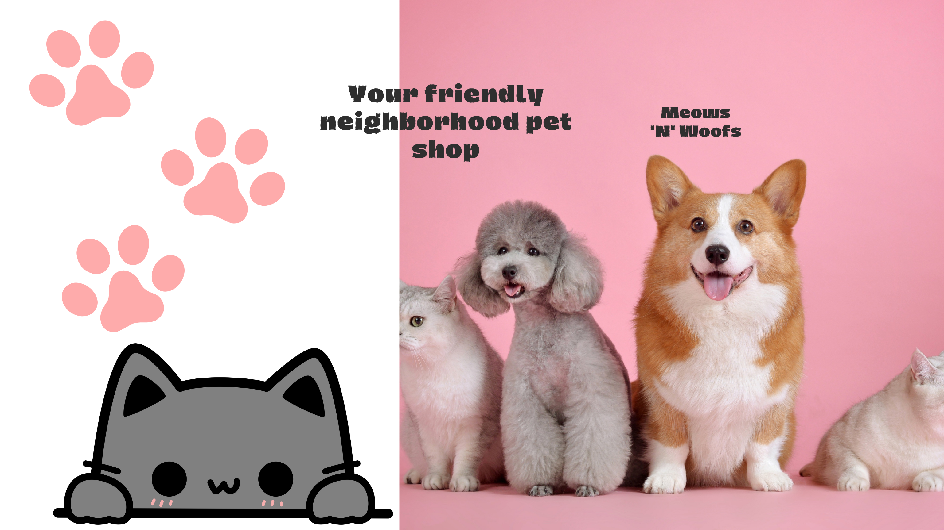 Advertisement for a pet shop with dogs and cats on a pink background