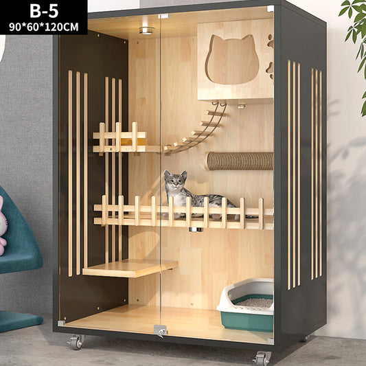 Cat playpen with wooden shelves and a cat inside, on a gray floor.