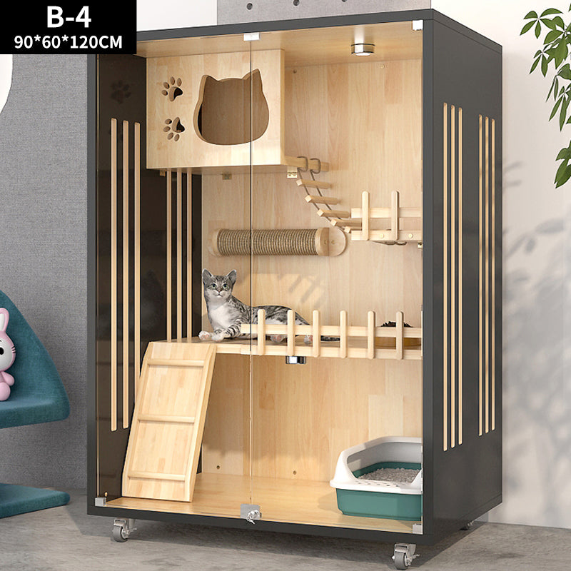 Cat playhouse with wooden shelves and a cat inside, on a gray floor.