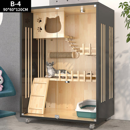 Cat playhouse with wooden shelves and a cat inside, on a gray floor.