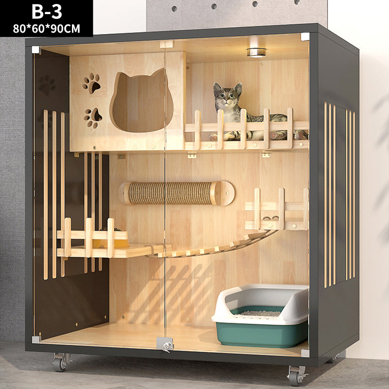 Cat playpen with wooden shelves and a litter box inside, featuring dimensions B-3 80*60*90CM.