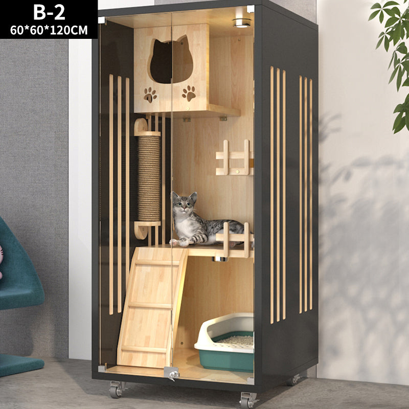 Pet playpen with wooden structures and a cat inside, on a neutral background.