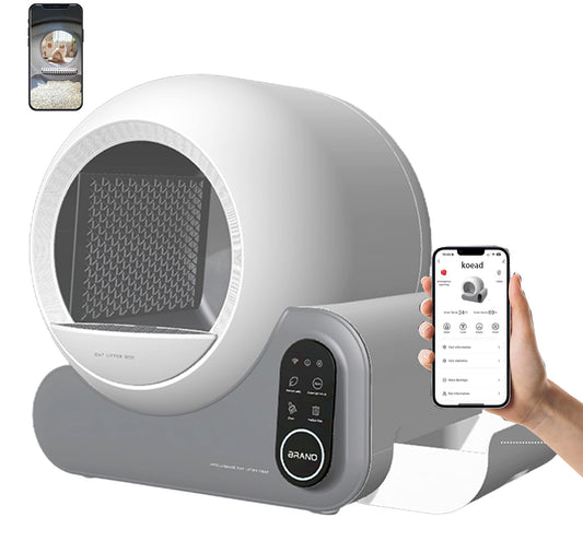 Smart pet litter box with app control on a white background