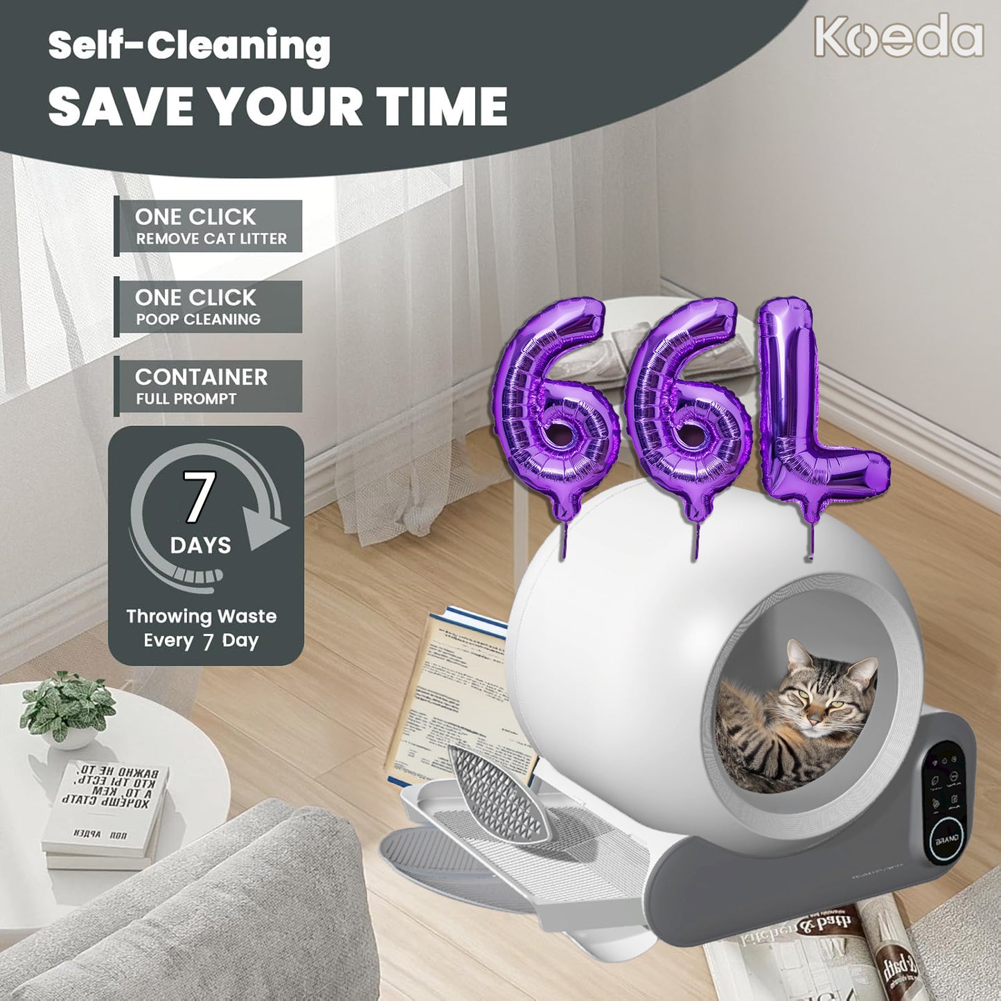 Koeda self-cleaning pet litter box with a cat inside, shown in a room setting.