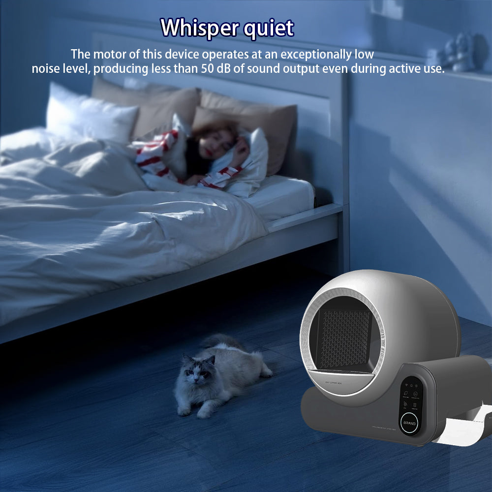 Bedroom scene with a person and cat, featuring a whisper-quiet device on the floor.