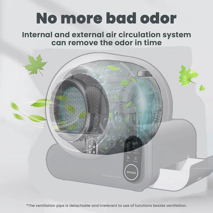 Washing machine with air circulation system and text about odor removal on a light gray background