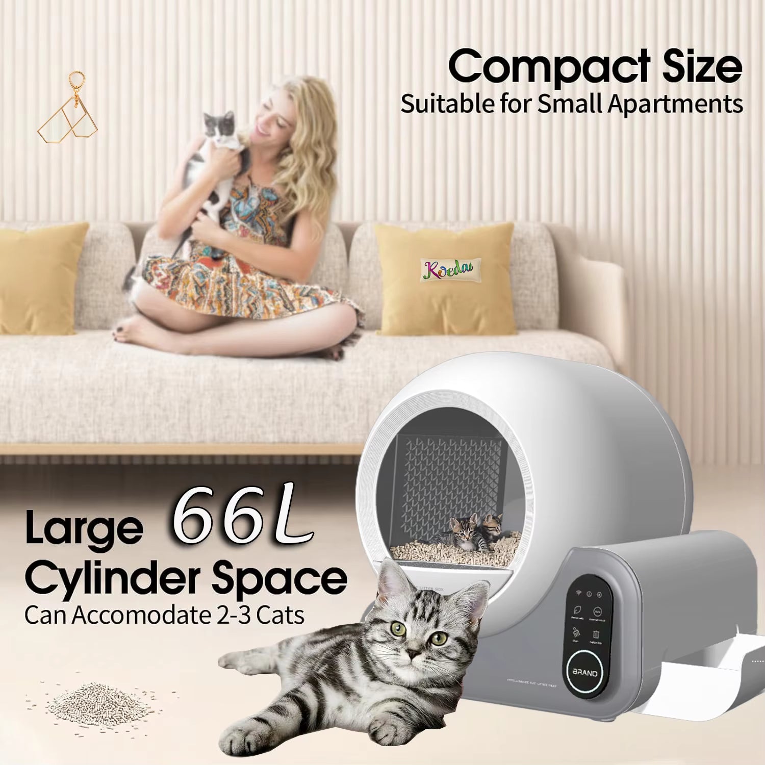 Cat litter box with a woman and cat on a couch, emphasizing compact size and large capacity.