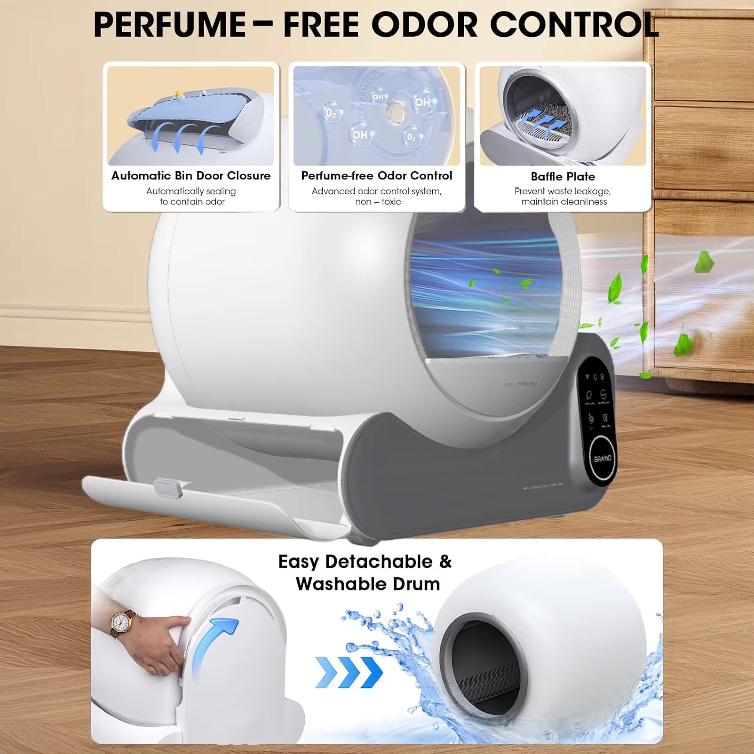 Perfume-free odor control system with features highlighted on a wooden floor background.