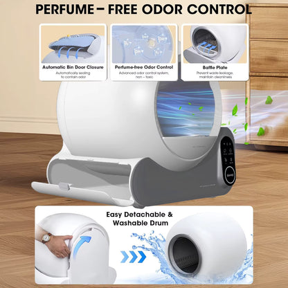 Perfume-free odor control system with features highlighted on a wooden floor background.