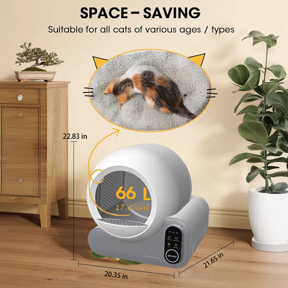 Cat litter box with dimensions and space-saving features on a wooden floor.