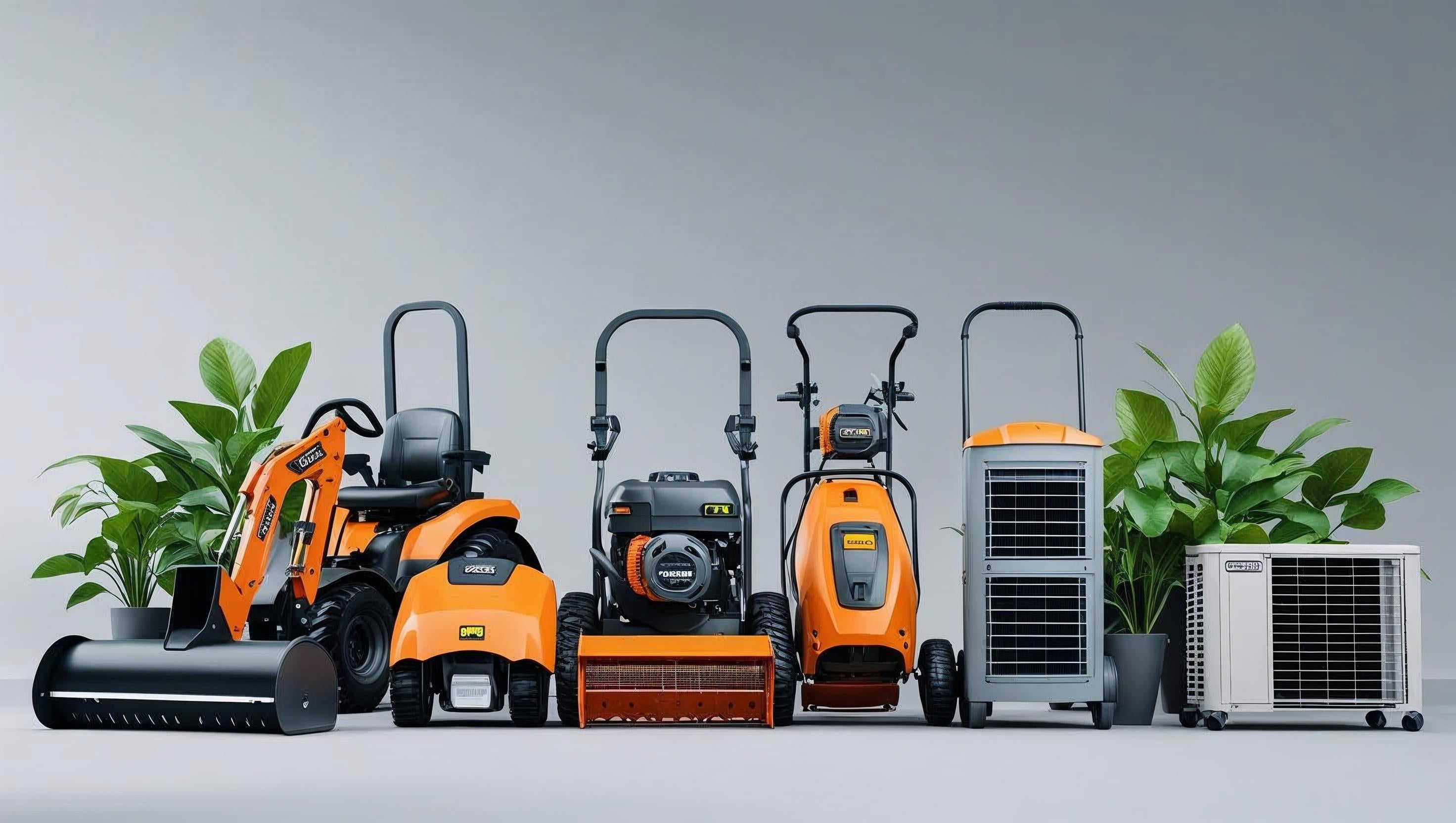 Collection of lawn mowers and air conditioners on a gray background with plants.