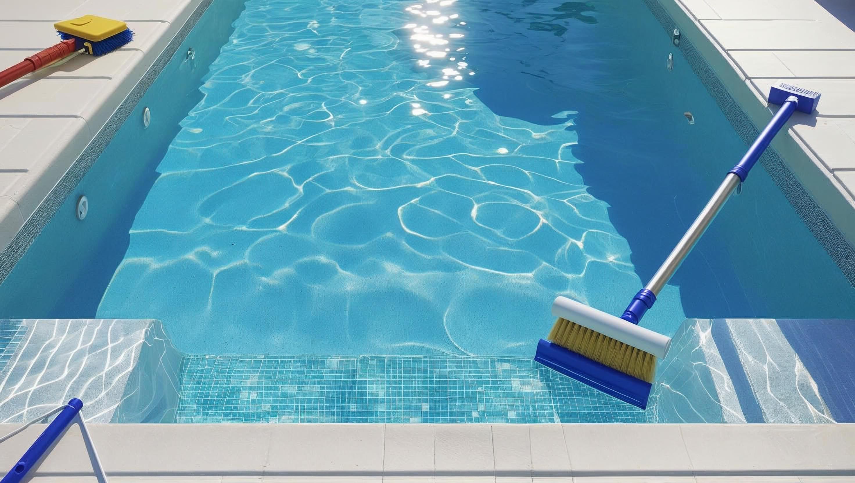 Pool cleaning brush in a pool with clear water