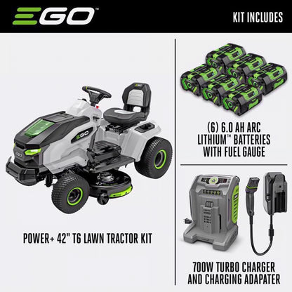 EGO POWER+ 42-in T6 Lawn Tractor with 6 x 6.0Ah Batteries, 800W Turbo Charger, and Charging Adapter