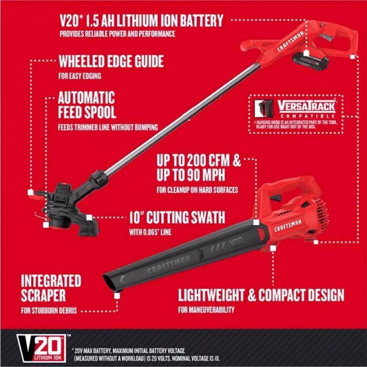 CRAFTSMAN V20 20V MAX Cordless Battery String Trimmer and Leaf Blower Combo Kit 2 Ah Veteranshops.com